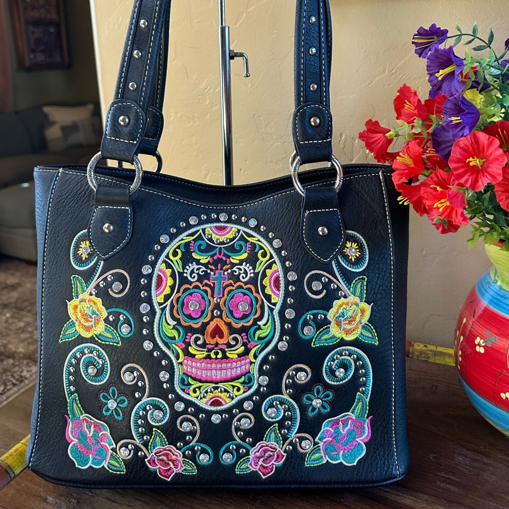 Montana West Black Sugar Skull Tote Bag